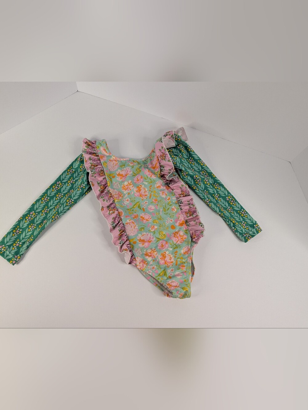 Sweet Honey Size 2T Floral Ruffle Long-Sleeve Kids One-Piece Swimsuit